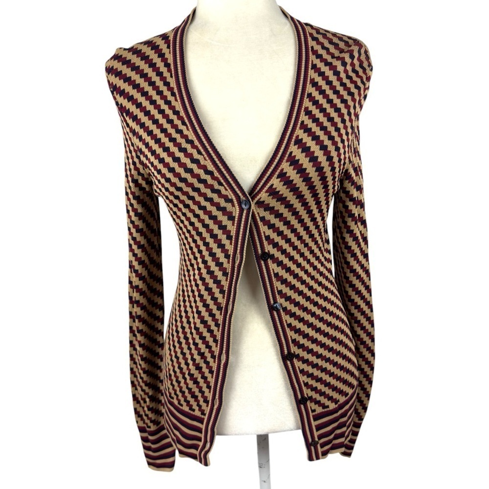 Brooks Brothers Women's Medium Geometric Patterned Cardigan Tan Black Burgandy